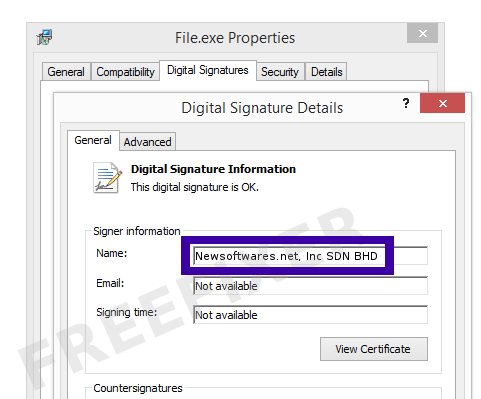 Screenshot of the Newsoftwares.net, Inc SDN BHD certificate